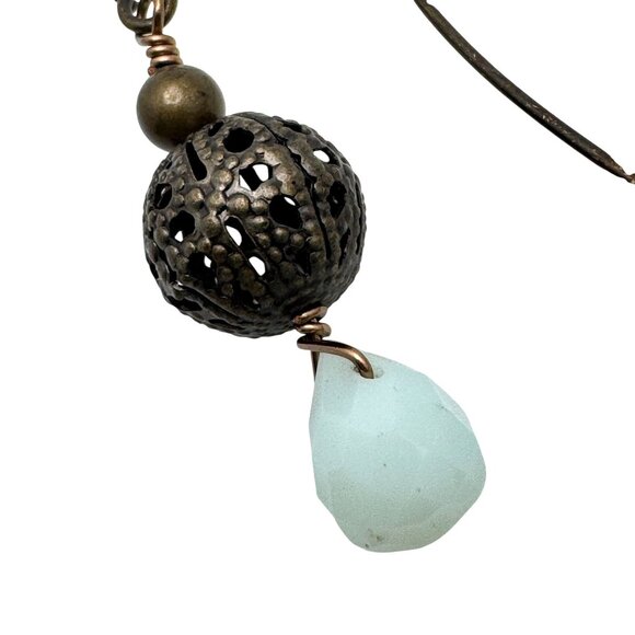 Handcrafted Bronze Filigree Opaque Aqua Teardrop Earrings Long Ear Wires - Picture 3 of 8